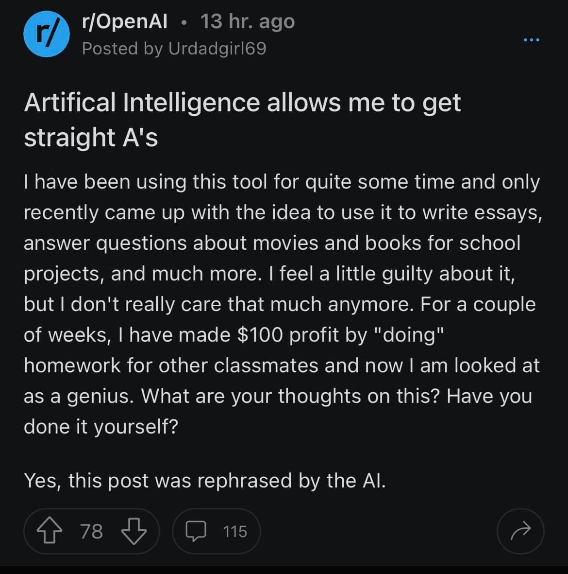 Reddit Post About Using ChatGPT on Essays